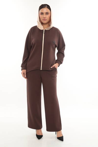 EXİTLİNE Women's Seasonal Special Accessory Zippered Slit Brown-Beige Tracksuit Set