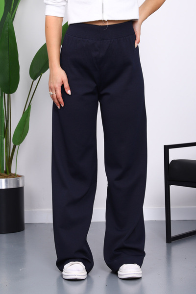 İmajButik Navy Blue High Waist Corded Fabric Wide Leg Knitwear Trousers
