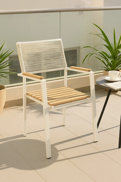 MARIA HOMES كرسي حديقة خارجي حديث مع مسند ذراع وإطار معدني أبيض وفناء لتناول ...