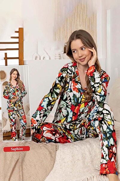 REMSA Women's Floral Pattern Buttoned Saphire Pajama Set 0357 Multi Color