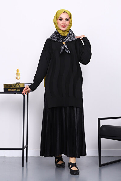 İmajButik Black Crew Neck Cold Thread Knitwear Tunic