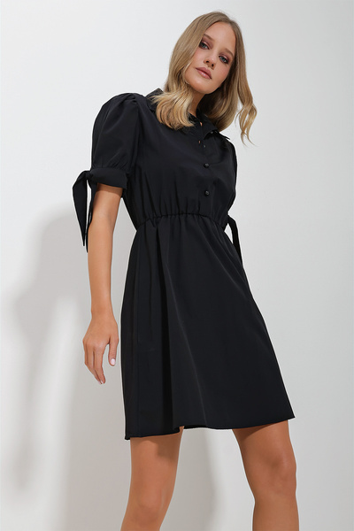 Trend Alaçatı Stili Rochie de damă neagră cu guler cămașă cu mâneci pepene ve...