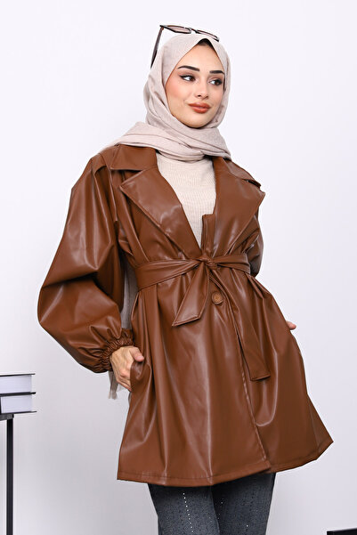 İmajButik Tan Balloon Sleeve Belted Leather Jacket