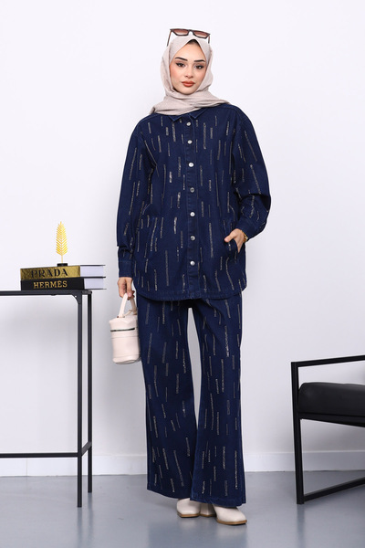 İmajButik Navy Blue Stone Shirt and Trouser Denim Suit