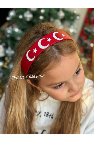 QUEEN AKSESUAR Ay yıldız baskılı Kırmızı beyaz deri taç kadın çocuk bayrak te...