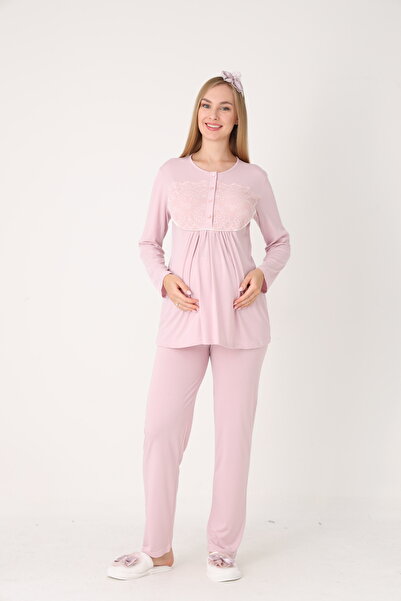 Pelin Women's Patterned Shawl Collar Special Design Winter Long Sleeve 3-Piece Maternity Pajama Set