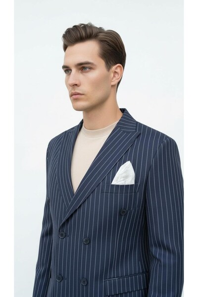 Plus Scorpion Navy Blue Striped Men's Double-Breasted Blazer Jacket – Italian Cut, Modern and Classic Elegance