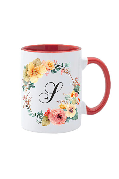 AFFIX THE DIFFERENT PERSPECTIVE Personalized white mug with the initial of the name inside and red handle Flower-Alphabet Collection letter S
