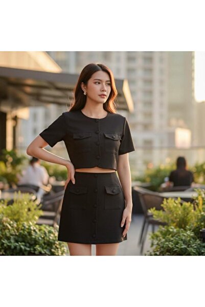 dibcollectionn Buttoned Skirt Suit with Pocket Detail