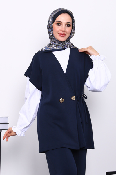 İmajButik Navy Blue Vest and Pants Cupra Modal Set