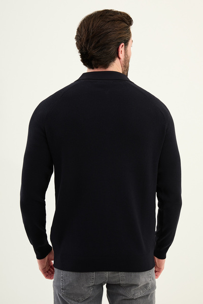 Mcr Textured Slim Fit Zippered Polo Neck Men's Knitwear Sweater Navy Blue - 11578.25K