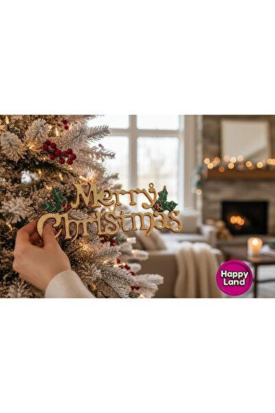 Happyland Yılbaşı Süsü Gold Renk Merry Christmas Kapı Duvar Ağac Süsü 30x10 cm HAPPY20205-111