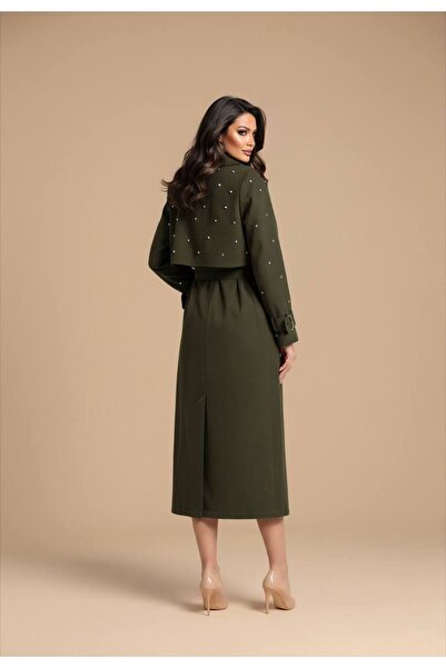 Siseniorita Women's Long Trench Coat with Decorative Stones and Statement Buckles