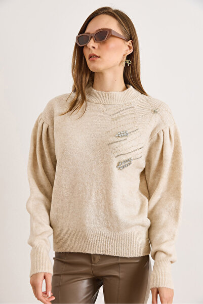 Olalook Women's Stone Detailed Soft Textured Balloon Sleeve Knitwear Sweater Kzk-19001059