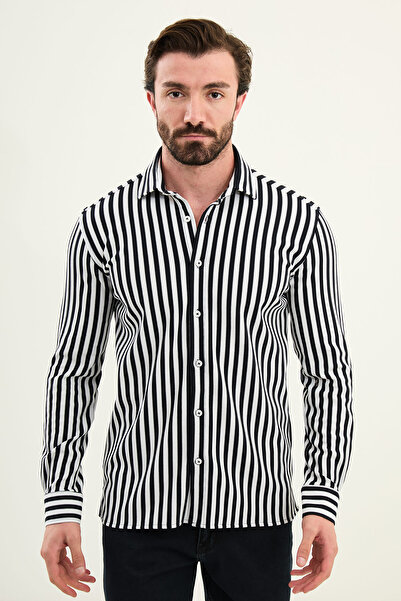 Mcr Striped Slim Fit Long Sleeve Men's Shirt Navy Blue - 27115.25K