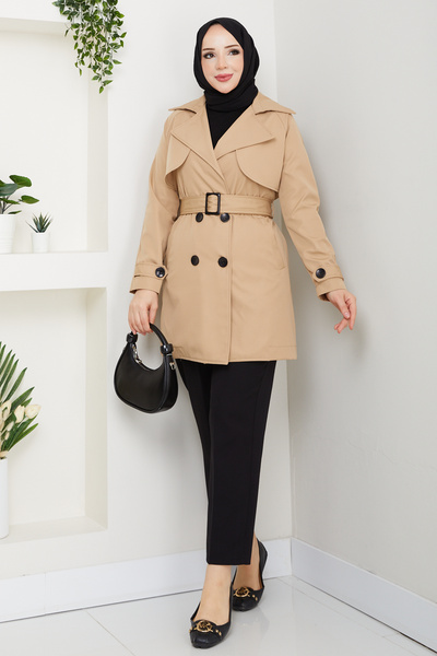 modapark.ist Women's Double-breasted Collar Belted Trench Coat