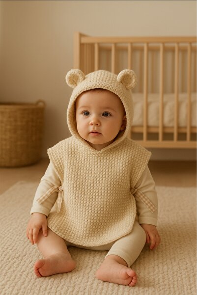 Çikoleyt Design Kapşonlu Ayı Model Organik Pamuk El Örmesi Panço