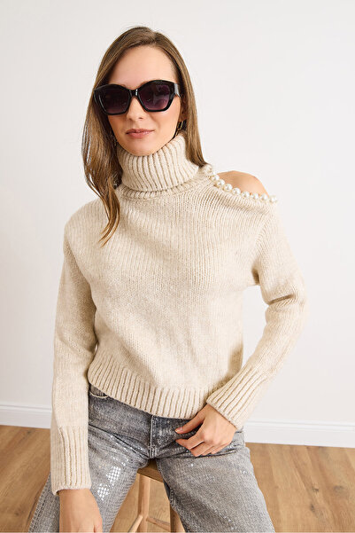 Olalook Pulover de tricotat gros pentru femei, ecru, cu un singur umăr, decoltat, cu accesorii KZK-19001052