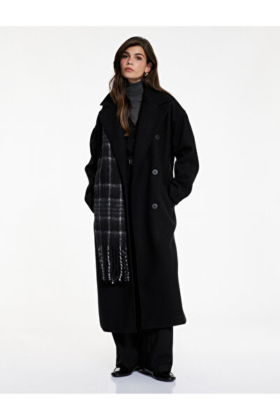 Koton Long Sleeve Pocketed Double-Breasted Belted Buttoned Long Cashmere Coat