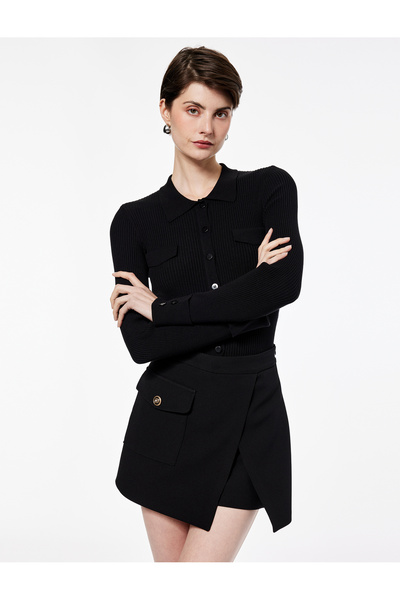 Koton Long Sleeve Buttoned Polo Neck Knit Sweater with Applique Detail