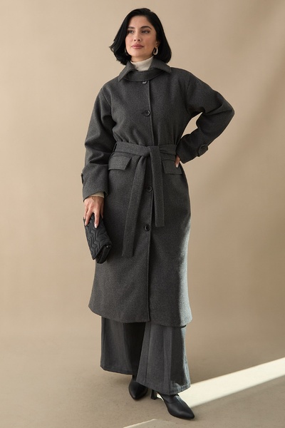 InStyle Anthracite Cashmere Coat with Epaulettes on the Collar and Flap Pocket