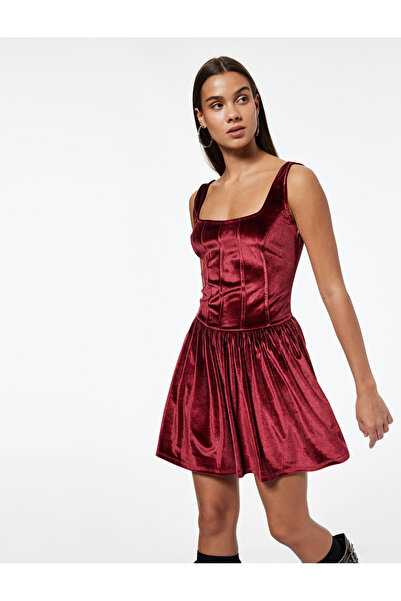 Koton Square Neck Sleeveless Corset Detail Flounce Mini Velvet Dress