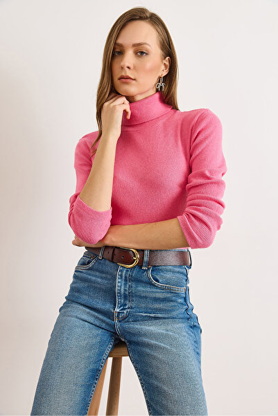 Olalook Women's Dark Pink Turtleneck Fleece-Lined Ribbed Knit Sweater Kzk-19000395