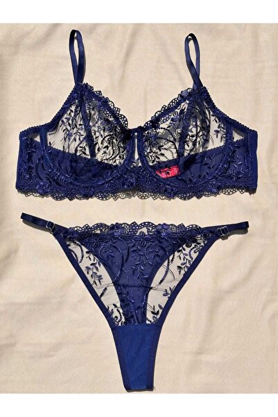 makkash Plus Size C Cup Navy Blue Embroidered Lingerie Set - Lingerie