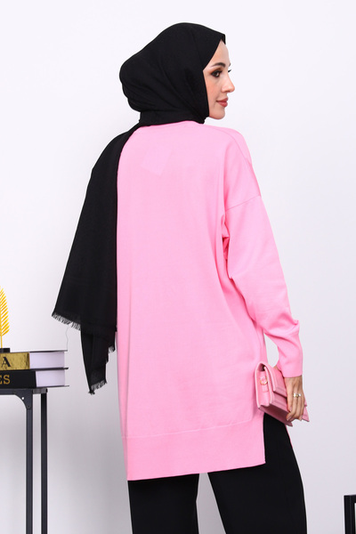 İmajButik Pink Crew Neck Cold Thread Knitwear Tunic