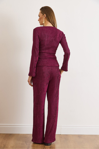 Olalook Women's Plum Top with Accessories Blouse Bottom Pocket Pants Tok Set Tkm-19000459