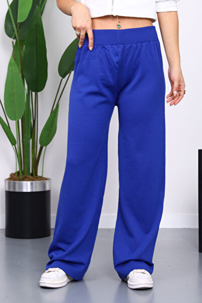 İmajButik Cobalt Blue High Waist Corded Fabric Wide Leg Knitwear Pants
