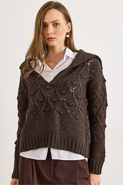 Olalook Women's Brown Polo Neck Openwork Detailed Knitwear Sweater Kzk-19001057