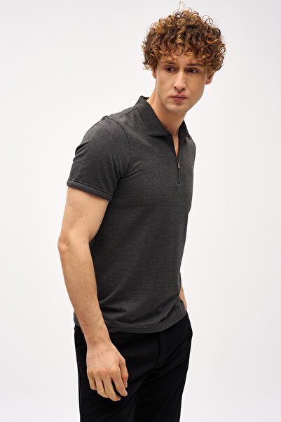 İgs Антрацитова футболка Slim Fit з короткими рукавами та коміром-поло з блискавкою