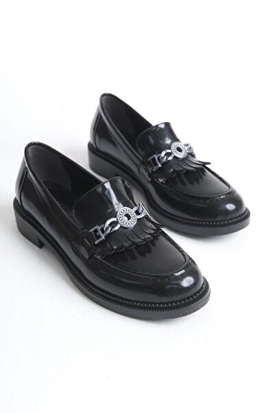 FEMME حذاء نسائي كاجوال بدون كعب بإبزيم للاستخدام اليومي من الجلد الأسود