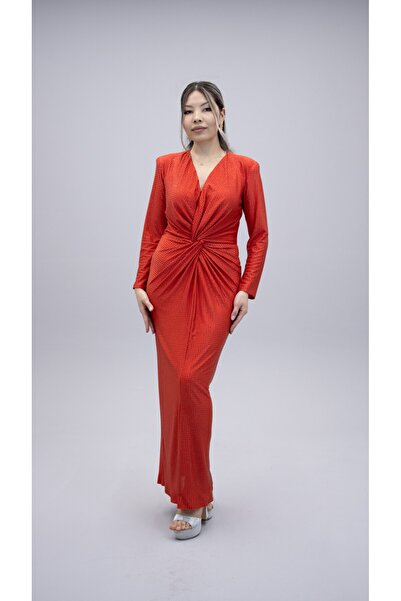CAREZZA Starlight - Draped Stones Stretch Fabric Red Evening Dress