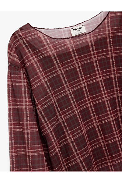 Koton Long Sleeve Crew Neck Plaid Crop Blouse