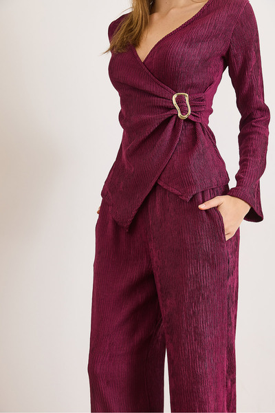 Olalook Women's Plum Top with Accessories Blouse Bottom Pocket Pants Tok Set Tkm-19000459