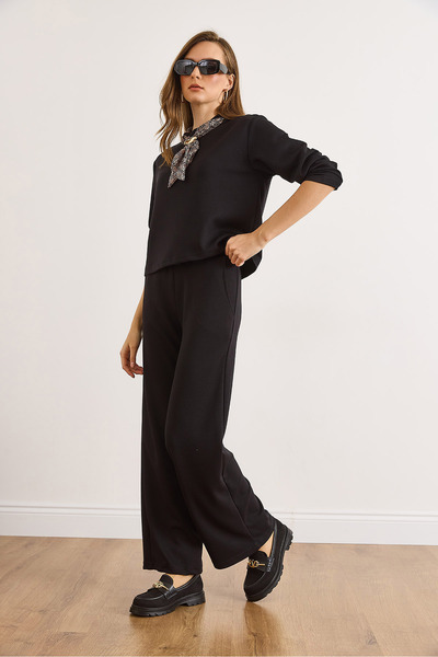 Olalook Women's Black Modal Buttoned Trendy Bottom Draped Suit Tkm-19000462