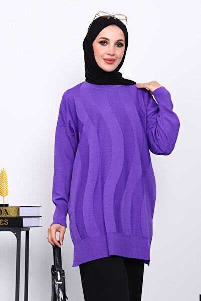 İmajButik Purple Crew Neck Cold Thread Knitwear Tunic