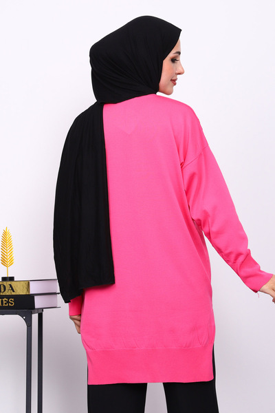 İmajButik Fuchsia Crew Neck Cold Thread Knitwear Tunic