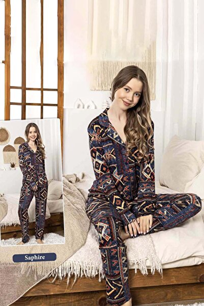 REMSA Women's Tribal Pattern Buttoned Saphire Pajama Set 0335 Black02