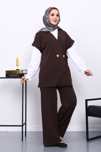 İmajButik Brown Vest and Pants Cupra Modal Set