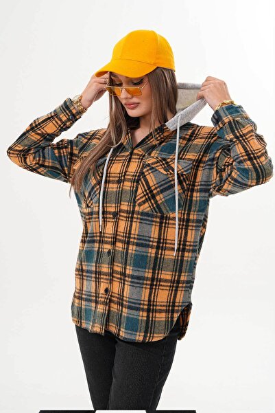Polologin Butik Kadın Oduncu Hardal ve Mavi Renk Kapşonlu Kışlık Gömlek