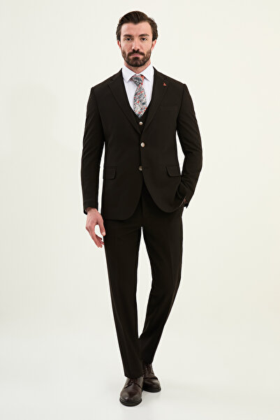 Mcr Textured Slim Fit Mono Collar Men's Suit Brown - 45432.25K