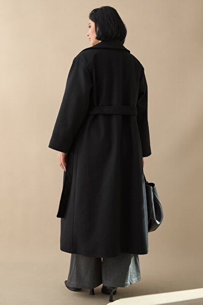 InStyle Palton negru din catifea cu căptușeală și curea ascunsă