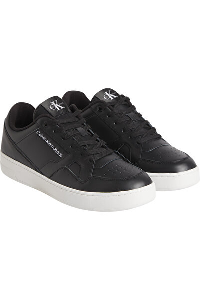 Calvin Klein Men Black/Bright/White Leather Basket Cupsole Lace Up Sneakers