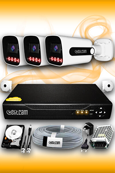 Elitcam 3 Kameralı Süper 3 Dış Kamera Set 320 GB 5 MP 2K Net Gece Görüşlü Güv...