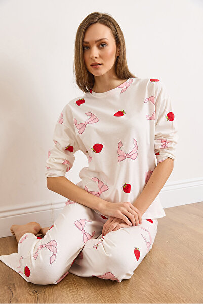 Olalook Set de pijamale cu mâneci lungi Strawberry bumbac 100% pentru femei PJM-00000024