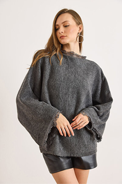 Olalook Pulover de tricotat casual pentru femei, antracit, cu 2 tipuri de purtare, cu detalii din dantelă KZK-19001058