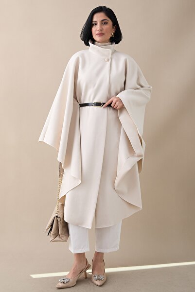 InStyle Belted Cashmere Cream Long Poncho